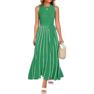 imageZESICA Womens Summer Sleeveless Maxi Dress 2025 Crewneck Ribbed Knit Tie Waist Casual A Line Swing DressesGreen