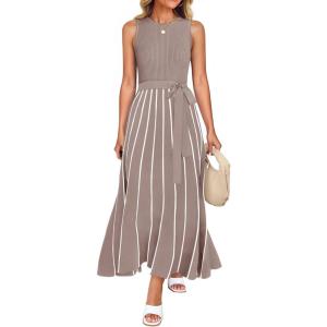 imageZESICA Womens Summer Sleeveless Maxi Dress 2025 Crewneck Ribbed Knit Tie Waist Casual A Line Swing DressesKhaki