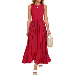 imageZESICA Womens Summer Sleeveless Maxi Dress 2025 Crewneck Ribbed Knit Tie Waist Casual A Line Swing DressesRed