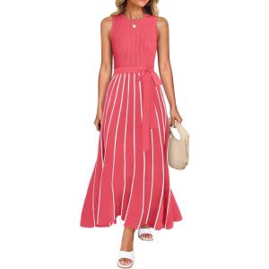 imageZESICA Womens Summer Sleeveless Maxi Dress 2025 Crewneck Ribbed Knit Tie Waist Casual A Line Swing DressesWatermelon