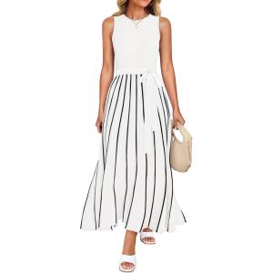 imageZESICA Womens Summer Sleeveless Maxi Dress 2025 Crewneck Ribbed Knit Tie Waist Casual A Line Swing DressesWhite