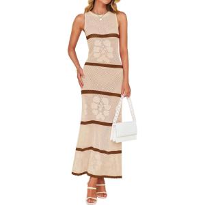imageZESICA Womens Summer Striped Cover Up Dress 2025 Sleeveless Crewneck Crochet Hollow Out Sundress Beach Long Maxi DressesBeige