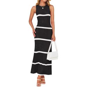 imageZESICA Womens Summer Striped Cover Up Dress 2025 Sleeveless Crewneck Crochet Hollow Out Sundress Beach Long Maxi DressesBlack