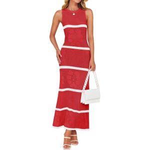 imageZESICA Womens Summer Striped Cover Up Dress 2025 Sleeveless Crewneck Crochet Hollow Out Sundress Beach Long Maxi DressesCoral Red