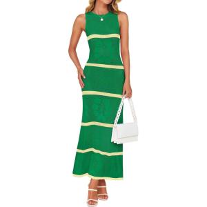 imageZESICA Womens Summer Striped Cover Up Dress 2025 Sleeveless Crewneck Crochet Hollow Out Sundress Beach Long Maxi DressesGreen