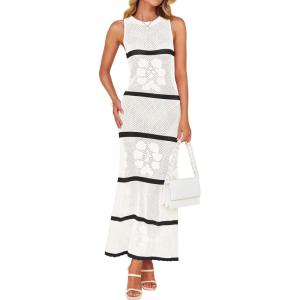 imageZESICA Womens Summer Striped Cover Up Dress 2025 Sleeveless Crewneck Crochet Hollow Out Sundress Beach Long Maxi DressesWhite