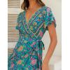imageZESICA Womens Bohemian Floral Printed Wrap V Neck Short Sleeve Split Beach Party Maxi DressGreen