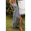 imageZESICA Womens Bohemian Floral Printed Wrap V Neck Short Sleeve Split Beach Party Maxi DressGreen