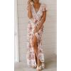 imageZESICA Womens Bohemian Floral Printed Wrap V Neck Short Sleeve Split Beach Party Maxi DressIvory