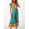 imageZESICA Womens Bohemian Floral Printed Wrap V Neck Short Sleeve Split Beach Party Maxi DressLight Green