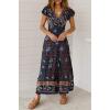 imageZESICA Womens Bohemian Floral Printed Wrap V Neck Short Sleeve Split Beach Party Maxi DressNavy
