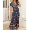 imageZESICA Womens Bohemian Floral Printed Wrap V Neck Short Sleeve Split Beach Party Maxi DressNavy