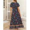 imageZESICA Womens Bohemian Floral Printed Wrap V Neck Short Sleeve Split Beach Party Maxi DressNavy