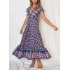 imageZESICA Womens Bohemian Floral Printed Wrap V Neck Short Sleeve Split Beach Party Maxi DressNavy Blue