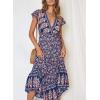 imageZESICA Womens Bohemian Floral Printed Wrap V Neck Short Sleeve Split Beach Party Maxi DressNavy Blue
