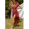 imageZESICA Womens Bohemian Floral Printed Wrap V Neck Short Sleeve Split Beach Party Maxi DressRed