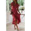imageZESICA Womens Bohemian Floral Printed Wrap V Neck Short Sleeve Split Beach Party Maxi DressRedfloral