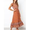 imageZESICA Womens Bohemian Floral Printed Wrap V Neck Short Sleeve Split Beach Party Maxi DressTangerine