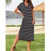 imageZESICA Womens Summer Striped Midi Dress 2025 Casual Short Sleeve V Neck Loose Knitted Side Slit Long Sweater DressesBlack