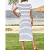 imageZESICA Womens Summer Striped Midi Dress 2025 Casual Short Sleeve V Neck Loose Knitted Side Slit Long Sweater DressesBlue