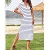 imageZESICA Womens Summer Striped Midi Dress 2025 Casual Short Sleeve V Neck Loose Knitted Side Slit Long Sweater DressesBlue