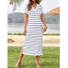 imageZESICA Womens Summer Striped Midi Dress 2025 Casual Short Sleeve V Neck Loose Knitted Side Slit Long Sweater DressesBlue