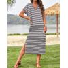 imageZESICA Womens Summer Striped Midi Dress 2025 Casual Short Sleeve V Neck Loose Knitted Side Slit Long Sweater DressesGray