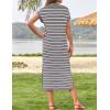 imageZESICA Womens Summer Striped Midi Dress 2025 Casual Short Sleeve V Neck Loose Knitted Side Slit Long Sweater DressesGray