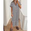 imageZESICA Womens Summer Striped Midi Dress 2025 Casual Short Sleeve V Neck Loose Knitted Side Slit Long Sweater DressesGray