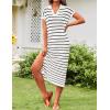 imageZESICA Womens Summer Striped Midi Dress 2025 Casual Short Sleeve V Neck Loose Knitted Side Slit Long Sweater DressesIvory