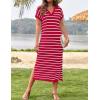 imageZESICA Womens Summer Striped Midi Dress 2025 Casual Short Sleeve V Neck Loose Knitted Side Slit Long Sweater DressesRed