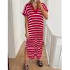 imageZESICA Womens Summer Striped Midi Dress 2025 Casual Short Sleeve V Neck Loose Knitted Side Slit Long Sweater DressesRed