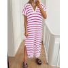 imageZESICA Womens Summer Striped Midi Dress 2025 Casual Short Sleeve V Neck Loose Knitted Side Slit Long Sweater DressesRose