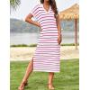 imageZESICA Womens Summer Striped Midi Dress 2025 Casual Short Sleeve V Neck Loose Knitted Side Slit Long Sweater DressesRose