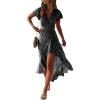 imageZESICA Womens Bohemian Floral Printed Wrap V Neck Short Sleeve Split Beach Party Maxi DressCharcoal Blackfloral