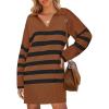 imageZESICA Womens Striped Sweater Dress Spring Long Sleeve V Neck Collar Loose Knit Mini DressesCaramel