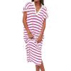 imageZESICA Womens Summer Striped Midi Dress 2025 Casual Short Sleeve V Neck Loose Knitted Side Slit Long Sweater DressesRose