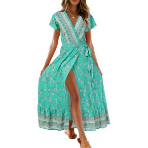 imageZESICA Womens Bohemian Floral Printed Wrap V Neck Short Sleeve Split Beach Party Maxi DressAqua