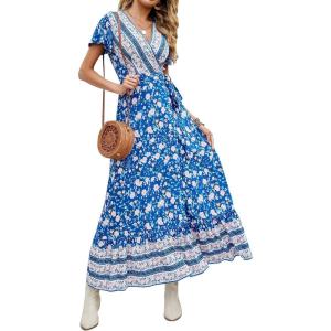 imageZESICA Womens Bohemian Floral Printed Wrap V Neck Short Sleeve Split Beach Party Maxi DressBlue