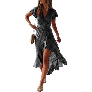 imageZESICA Womens Bohemian Floral Printed Wrap V Neck Short Sleeve Split Beach Party Maxi DressCharcoal Blackfloral