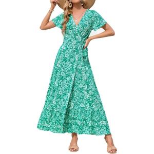 imageZESICA Womens Bohemian Floral Printed Wrap V Neck Short Sleeve Split Beach Party Maxi DressDustygreen