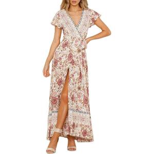 imageZESICA Womens Bohemian Floral Printed Wrap V Neck Short Sleeve Split Beach Party Maxi DressIvory
