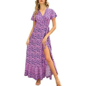 imageZESICA Womens Bohemian Floral Printed Wrap V Neck Short Sleeve Split Beach Party Maxi DressLightpurple
