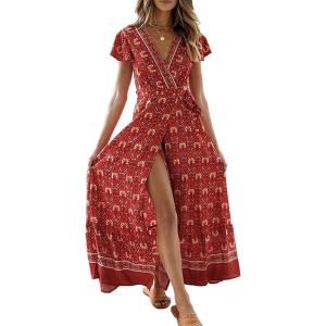 imageZESICA Womens Bohemian Floral Printed Wrap V Neck Short Sleeve Split Beach Party Maxi DressLychee Red