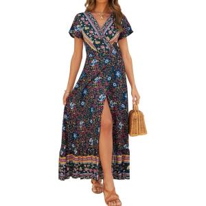 imageZESICA Womens Bohemian Floral Printed Wrap V Neck Short Sleeve Split Beach Party Maxi DressNavy