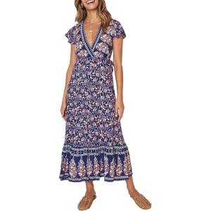 imageZESICA Womens Bohemian Floral Printed Wrap V Neck Short Sleeve Split Beach Party Maxi DressNavy Blue