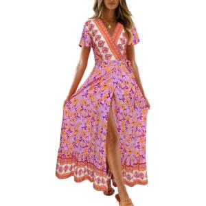 imageZESICA Womens Bohemian Floral Printed Wrap V Neck Short Sleeve Split Beach Party Maxi DressPinkpurple