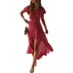 imageZESICA Womens Bohemian Floral Printed Wrap V Neck Short Sleeve Split Beach Party Maxi DressRedfloral