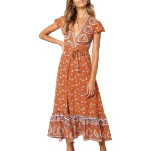 imageZESICA Womens Bohemian Floral Printed Wrap V Neck Short Sleeve Split Beach Party Maxi DressTangerine