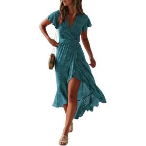 imageZESICA Womens Bohemian Floral Printed Wrap V Neck Short Sleeve Split Beach Party Maxi DressTeal